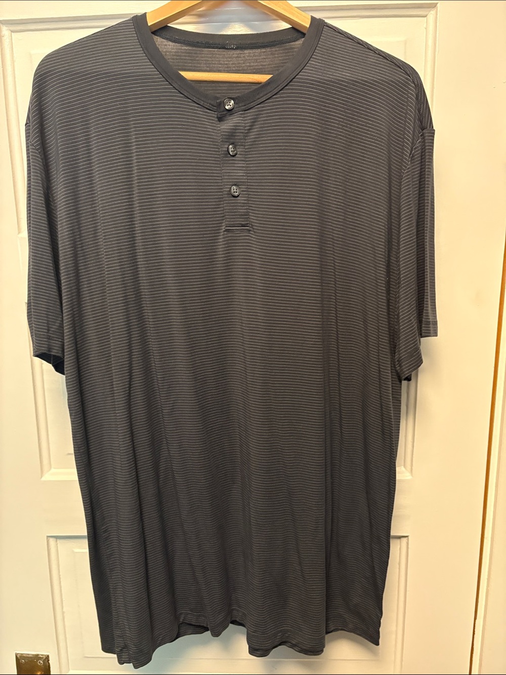 Men's Vuori Short-Sleeve Henley Shirt in Navy with Charcoal Gray Stripes